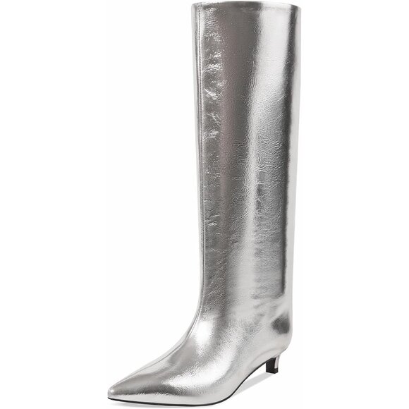 ⚡Women's Silver Knee High Boots 1.5-in Stiletto Low Heel Pull On Pointed Toe - Picture 1 of 9